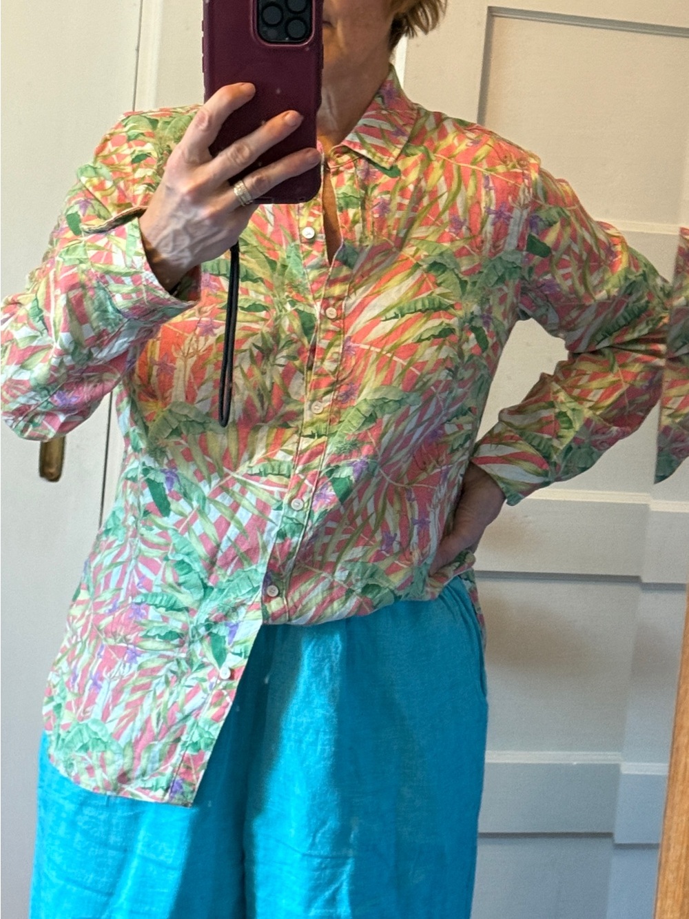 J. McLaughlin Tropical Leaf Print Button-Up Blouse in Pink & Green